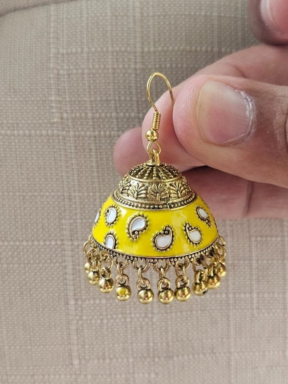 Jhumka Earrings Yellow Enamel Gold Tone Fashion Ear Jewelry Chandelier Earrings - Picture 7 of 11